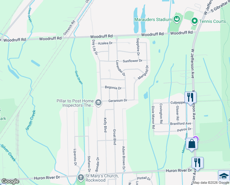 map of restaurants, bars, coffee shops, grocery stores, and more near 17802 Begonia Drive in Brownstown Charter Township