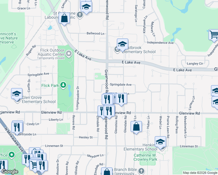 map of restaurants, bars, coffee shops, grocery stores, and more near 3210 Springdale Avenue in Glenview