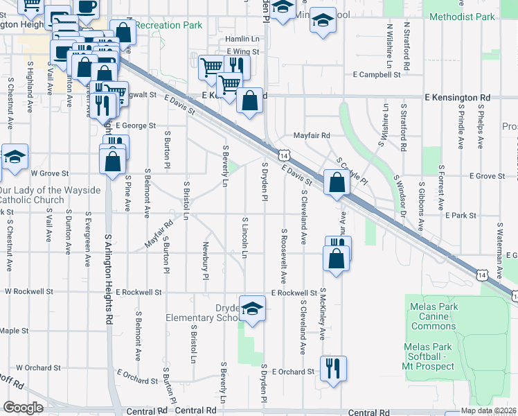 map of restaurants, bars, coffee shops, grocery stores, and more near 421 South Dryden Place in Arlington Heights