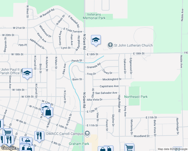 map of restaurants, bars, coffee shops, grocery stores, and more near 627 Troy Drive in Carroll