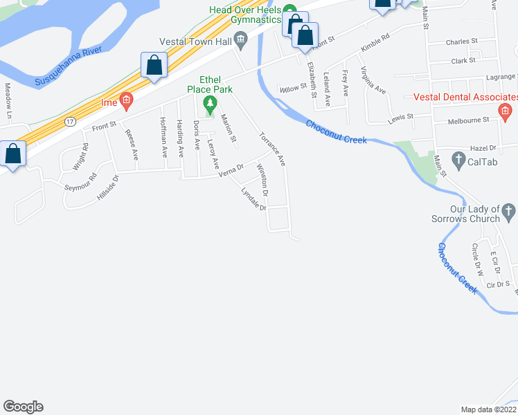 map of restaurants, bars, coffee shops, grocery stores, and more near 519 Lyndale Drive in Vestal
