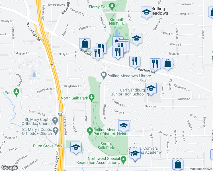 map of restaurants, bars, coffee shops, grocery stores, and more near 3110 Martin Lane in Rolling Meadows