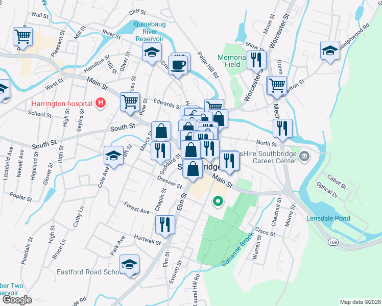 map of restaurants, bars, coffee shops, grocery stores, and more near 20 Hamilton Street in Southbridge
