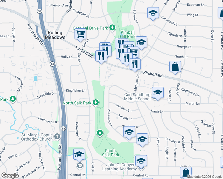 map of restaurants, bars, coffee shops, grocery stores, and more near 3110 Martin Lane in Rolling Meadows