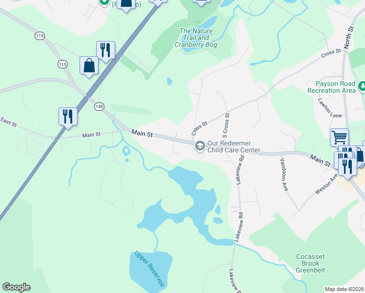 map of restaurants, bars, coffee shops, grocery stores, and more near 225 Main Street in Foxborough