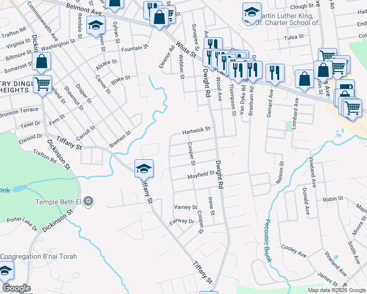 map of restaurants, bars, coffee shops, grocery stores, and more near 69 Hartwick Street in Springfield