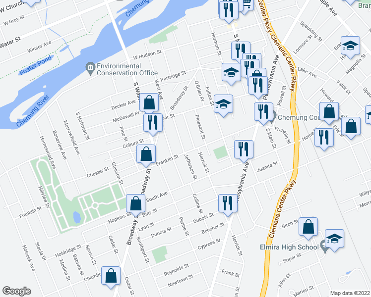 map of restaurants, bars, coffee shops, grocery stores, and more near 458 Franklin Street in Elmira