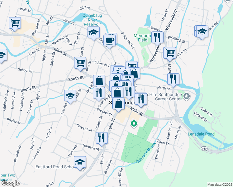 map of restaurants, bars, coffee shops, grocery stores, and more near 20 Hamilton Street in Southbridge