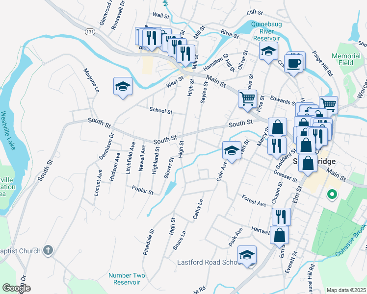 map of restaurants, bars, coffee shops, grocery stores, and more near 183 South Street in Southbridge