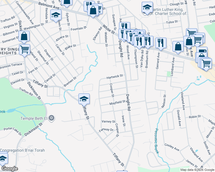 map of restaurants, bars, coffee shops, grocery stores, and more near 69 Hartwick Street in Springfield