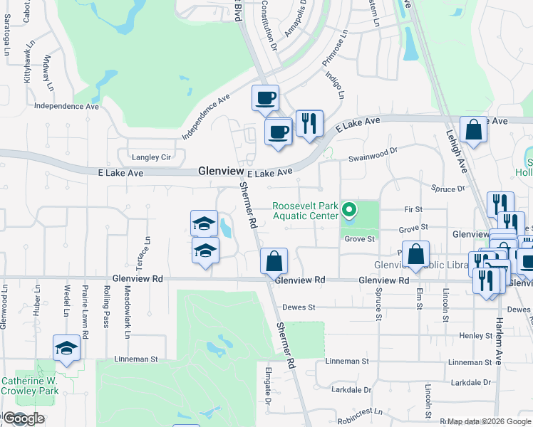 map of restaurants, bars, coffee shops, grocery stores, and more near 2430 Fir Street in Glenview