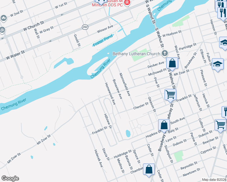 map of restaurants, bars, coffee shops, grocery stores, and more near 326 Bonaview Ave in Elmira