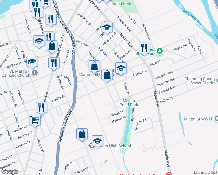 map of restaurants, bars, coffee shops, grocery stores, and more near 204 East Miller Street in Elmira