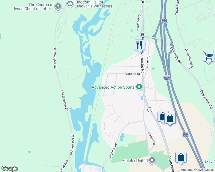 map of restaurants, bars, coffee shops, grocery stores, and more near 15R Hugo Terrace in Webster