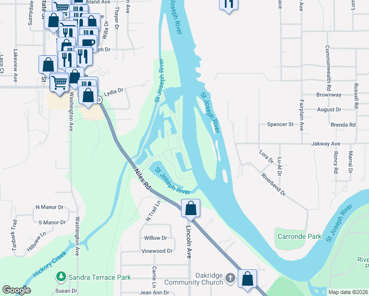 map of restaurants, bars, coffee shops, grocery stores, and more near 2279 Riverside Pointe Drive in St. Joseph