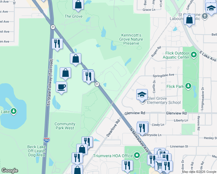 map of restaurants, bars, coffee shops, grocery stores, and more near 1112 Castilian Court in Glenview