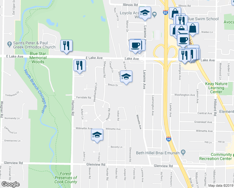 map of restaurants, bars, coffee shops, grocery stores, and more near 235 Beech Drive in Glenview