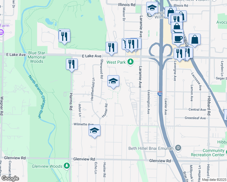 map of restaurants, bars, coffee shops, grocery stores, and more near 235 Beech Drive in Glenview