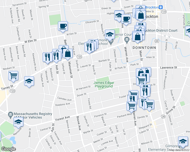 map of restaurants, bars, coffee shops, grocery stores, and more near 80 Brook Street in Brockton