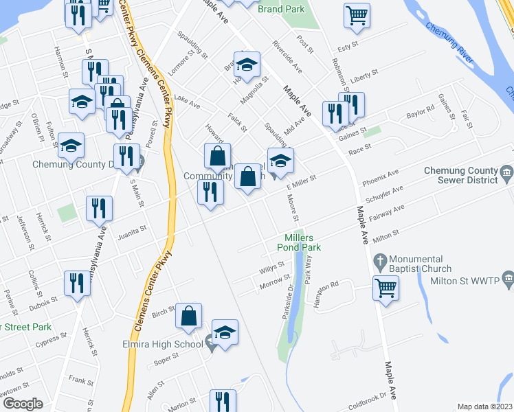 map of restaurants, bars, coffee shops, grocery stores, and more near 206 East Miller Street in Elmira