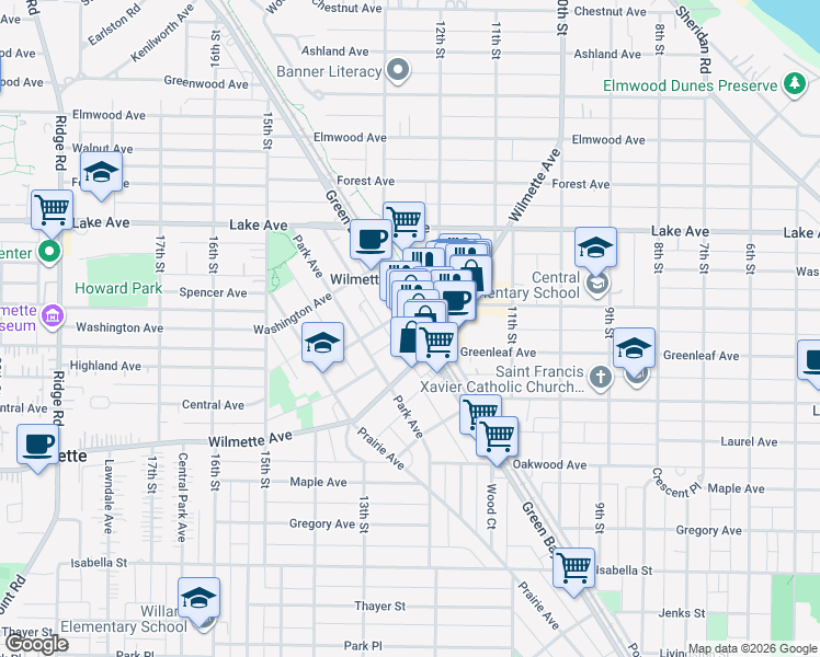 map of restaurants, bars, coffee shops, grocery stores, and more near 1210 Central Avenue in Wilmette