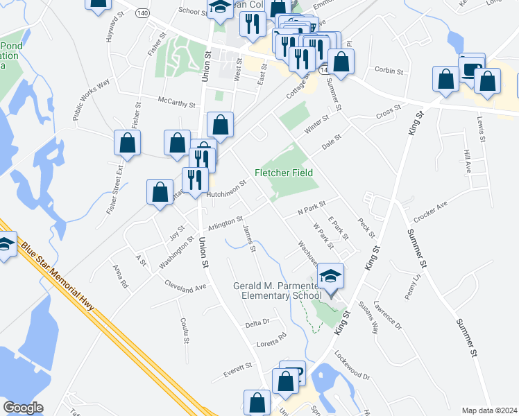 map of restaurants, bars, coffee shops, grocery stores, and more near 13 Arlington Street in Franklin