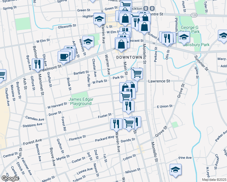 map of restaurants, bars, coffee shops, grocery stores, and more near in Brockton
