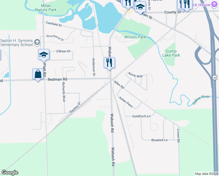 map of restaurants, bars, coffee shops, grocery stores, and more near 560 Wabash Road in Milan