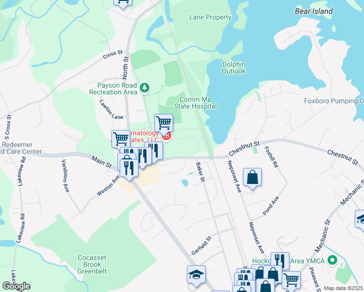 map of restaurants, bars, coffee shops, grocery stores, and more near 34 Capone Road in Foxborough