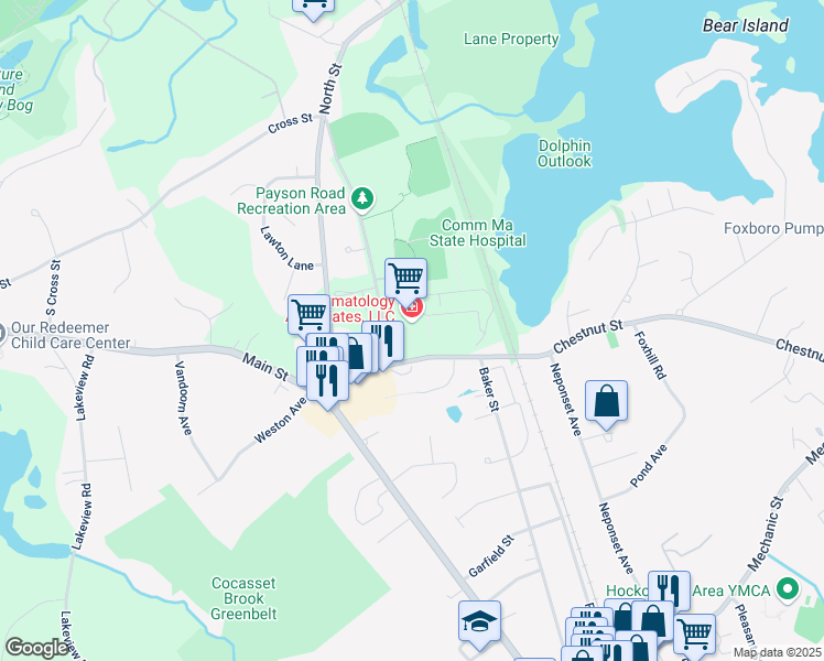 map of restaurants, bars, coffee shops, grocery stores, and more near 15 Payson Road in Foxborough