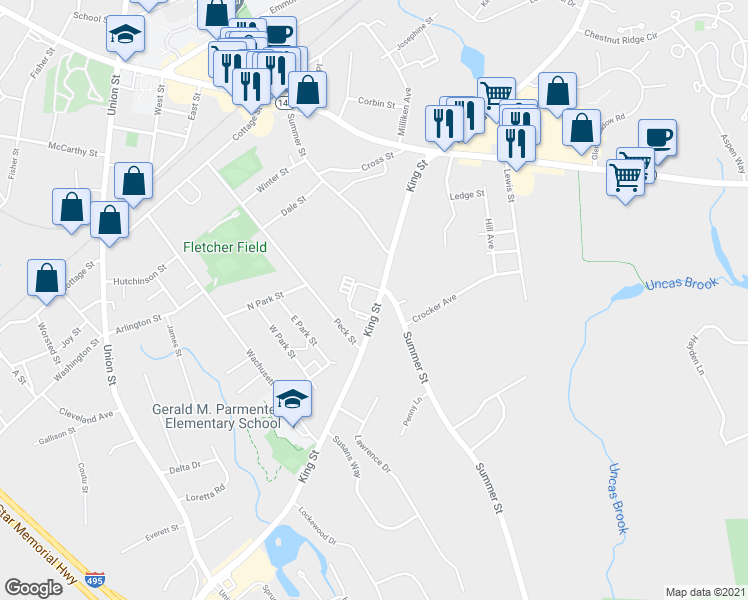 map of restaurants, bars, coffee shops, grocery stores, and more near 127 King Street in Franklin