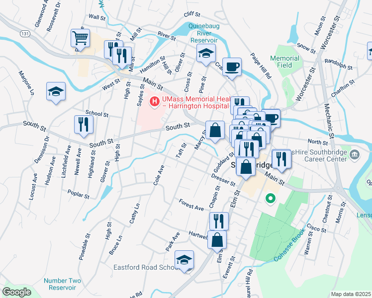 map of restaurants, bars, coffee shops, grocery stores, and more near 53 Taft Street in Southbridge