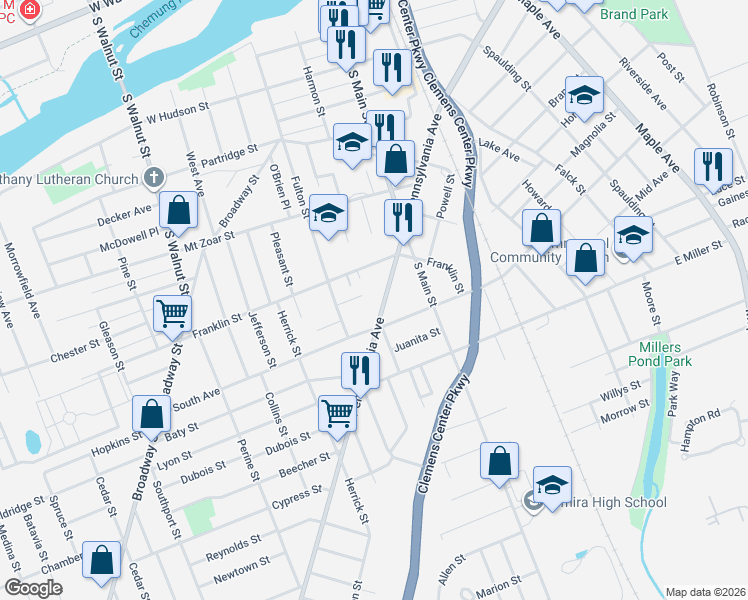 map of restaurants, bars, coffee shops, grocery stores, and more near 221 Franklin Street in Elmira