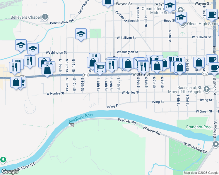 map of restaurants, bars, coffee shops, grocery stores, and more near 117-19 South 13th Street in Olean