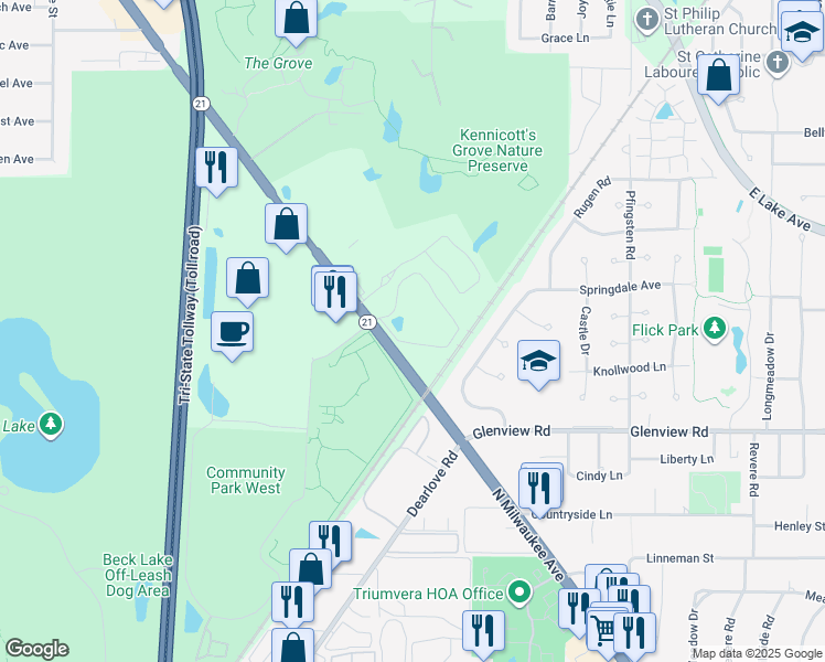 map of restaurants, bars, coffee shops, grocery stores, and more near 1112 Castilian Court in Glenview