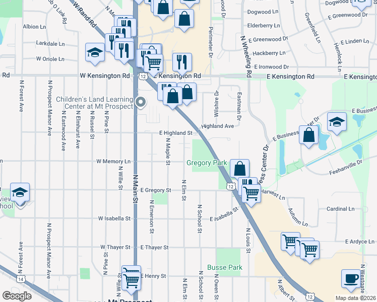 map of restaurants, bars, coffee shops, grocery stores, and more near 516 North Elm Street in Mount Prospect