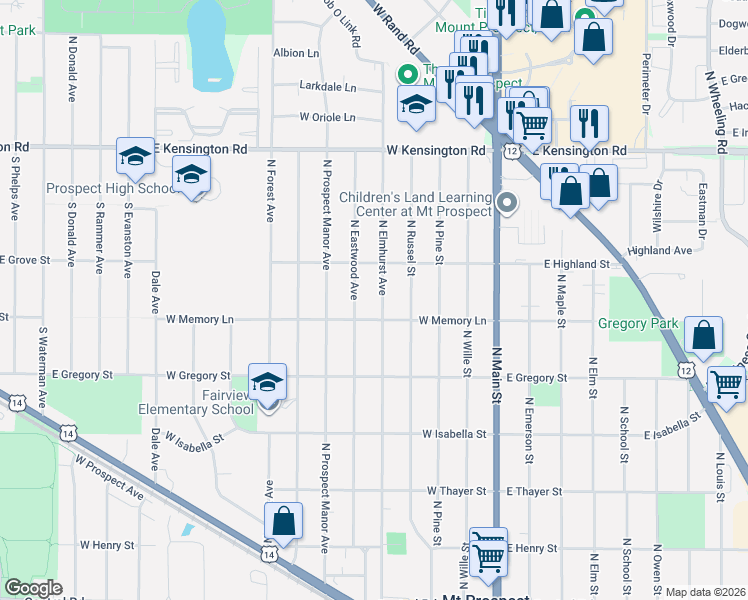 map of restaurants, bars, coffee shops, grocery stores, and more near 512 North Elmhurst Avenue in Mount Prospect