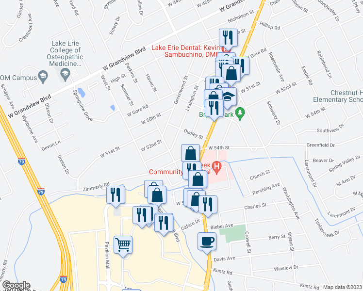 map of restaurants, bars, coffee shops, grocery stores, and more near 5229 Lexington Street in Erie