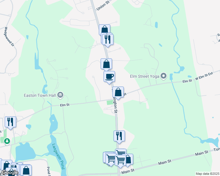 map of restaurants, bars, coffee shops, grocery stores, and more near 180 Washington Street in Easton