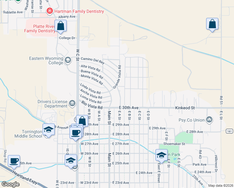 map of restaurants, bars, coffee shops, grocery stores, and more near 3106 Buena Vista Road in Torrington