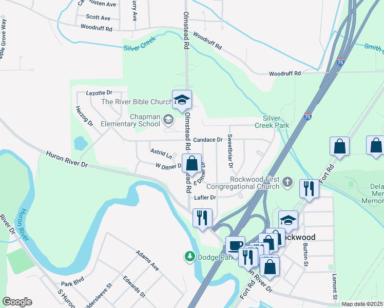 map of restaurants, bars, coffee shops, grocery stores, and more near 31630 Olmstead Road in Rockwood