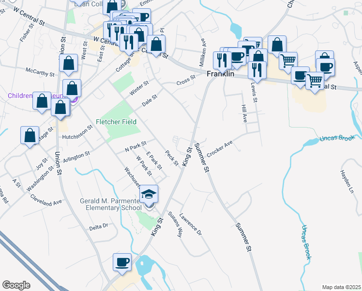 map of restaurants, bars, coffee shops, grocery stores, and more near 127 King Street in Franklin