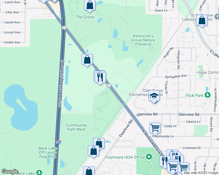map of restaurants, bars, coffee shops, grocery stores, and more near 1000 Milwaukee Avenue in Glenview