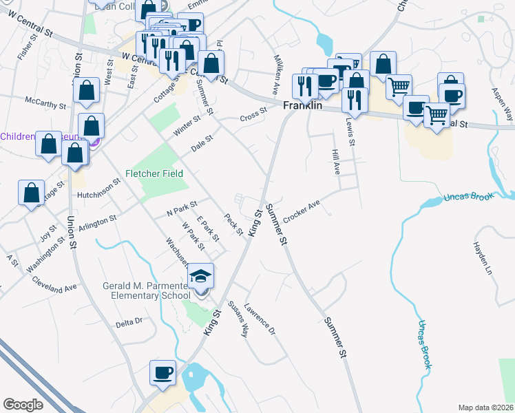 map of restaurants, bars, coffee shops, grocery stores, and more near 127 King Street in Franklin