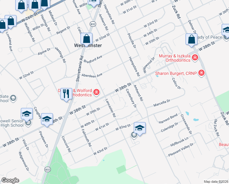 map of restaurants, bars, coffee shops, grocery stores, and more near 3141 West 38th Street in Erie