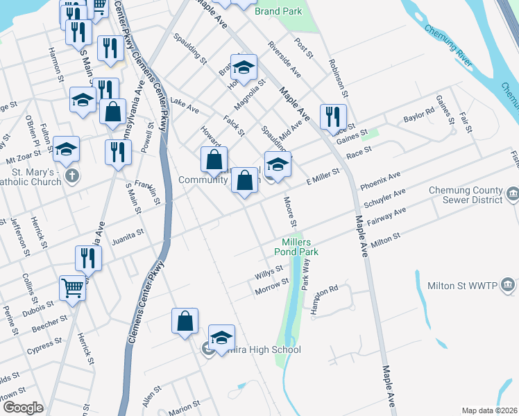 map of restaurants, bars, coffee shops, grocery stores, and more near 217 East Miller Street in Elmira