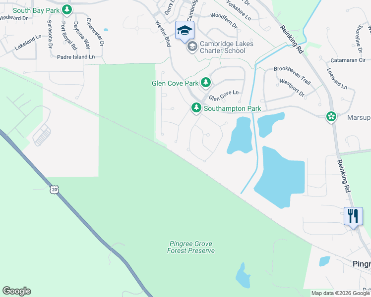 map of restaurants, bars, coffee shops, grocery stores, and more near 657 Canterbury Lane in Pingree Grove