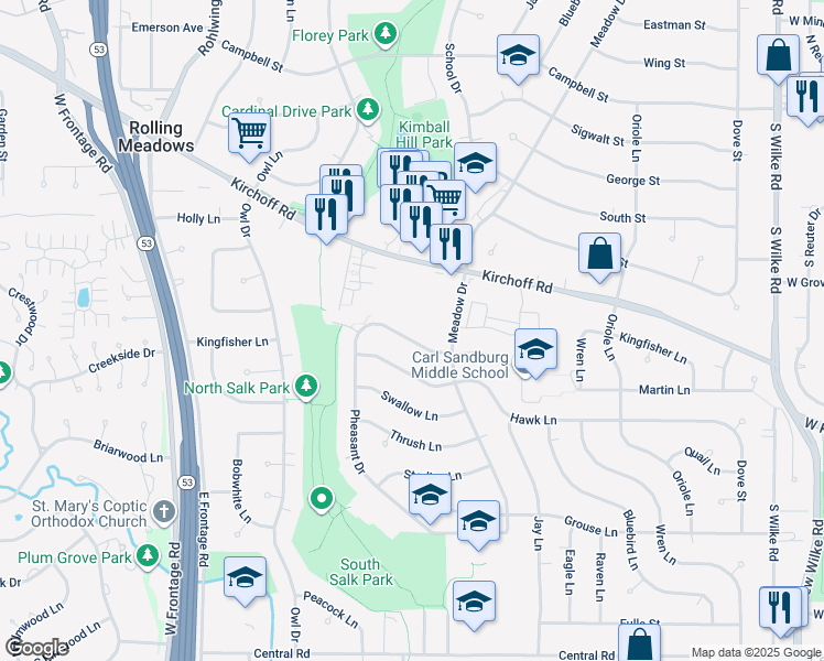 map of restaurants, bars, coffee shops, grocery stores, and more near 3008 Martin Lane in Rolling Meadows