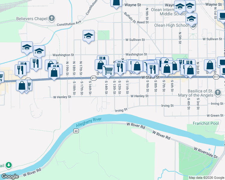 map of restaurants, bars, coffee shops, grocery stores, and more near 117-19 South 13th Street in Olean