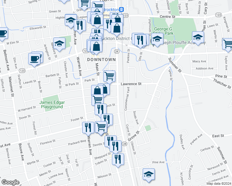 map of restaurants, bars, coffee shops, grocery stores, and more near 451 Montello Street in Brockton